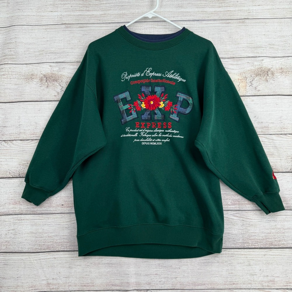 Express Sweatshirt Women Small Green Vintage Floral Plaid EXP Athlétique